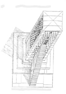 Axonométrie de la tour appelée Zendan-i Solaiman, reconstitution D. Stronach, Pasargadae 1978, fig. 66.